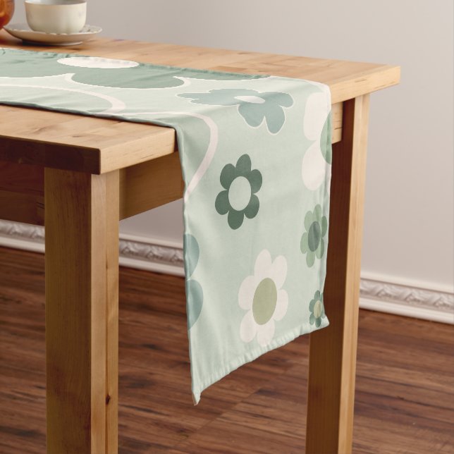 Chemin De Table Court Fleurs rétro Sage Vert Abstrait Floral (In Situ)