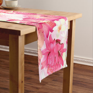 Chemin De Table Court Fleurs roses et blanches tropicales