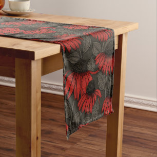 Chemin De Table Court Fleurs rouges sur marron