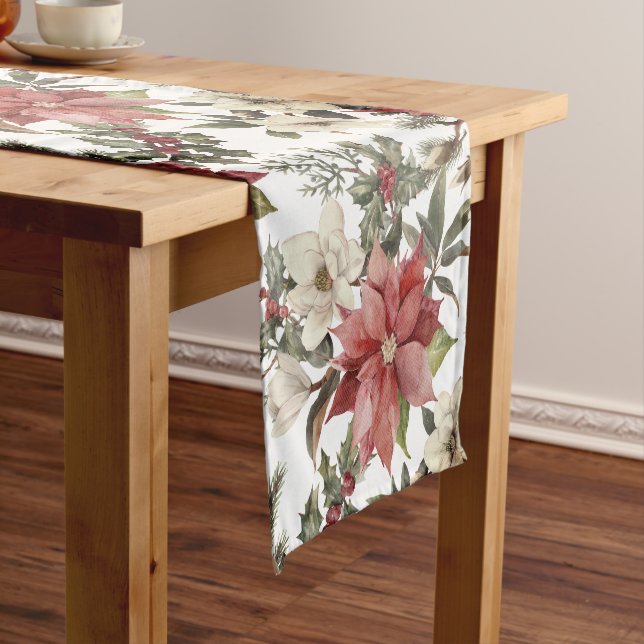 Chemin De Table Court Floral Elegant Aquarelle Joyeux Noël (In Situ)