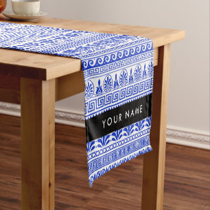 Chemin De Table Court Fret grec, Clé de méandre mixte, Bleu, Votre Nom