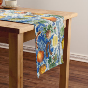 Chemin De Table Court Fruit d'été méditerranéen & Mosaïque Bleue Blanc