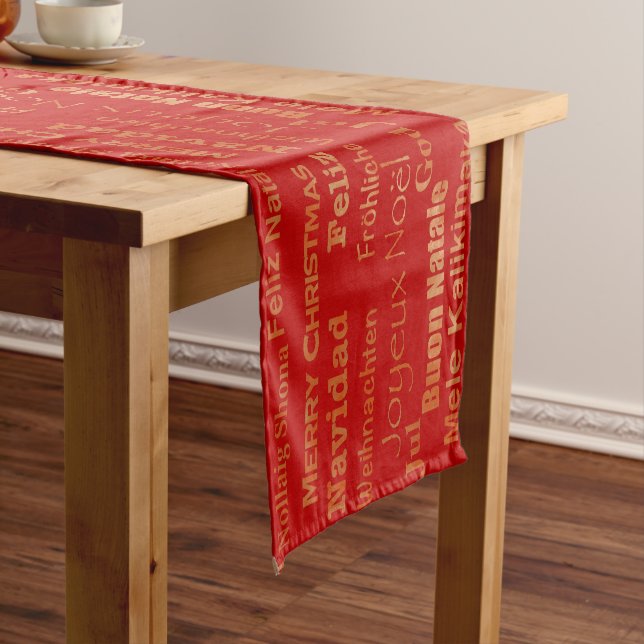 Chemin De Table Court Gold Red Multi Language Joyeux Noël (In Situ)