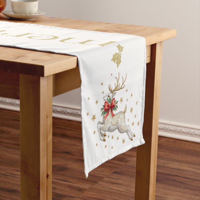 Chemin De Table Court Gold White Christmas Reindeer (In Situ)