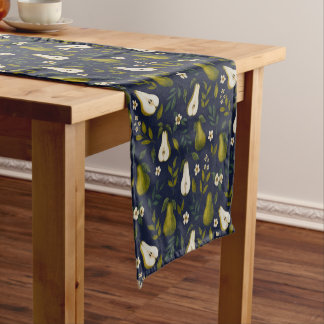 Chemin De Table Court Green Pear Watercolor Pattern on Dark Blue