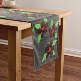 Chemin De Table Court Gris foncé Noir et Rouge Fleurs