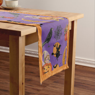 Chemin De Table Court Halloween saison Purple et Orange Vintage sorcière