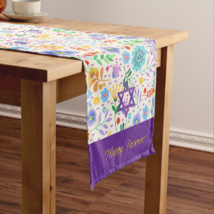 Chemin De Table Court Happy Passover Field of Flowers and violple star