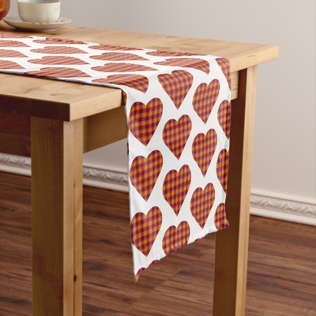 Chemin De Table Court Heart Shaped Plaid Orange Burgundy Table Runner (In Situ)