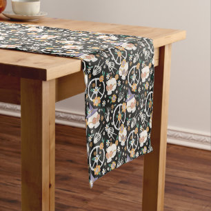 Chemin De Table Court Hippie Halloween Skulls et Fleurs Motif