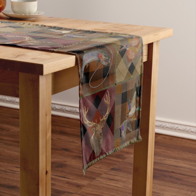 Chemin De Table Court Hunt Club Plaid With Wildlife Game (In Situ)