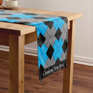 Chemin De Table Court Jacquard classique Bleu Diamant Noir Personnalisé