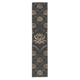 Chemin De Table Court Lotus Flower ornement de luxe - noir et or