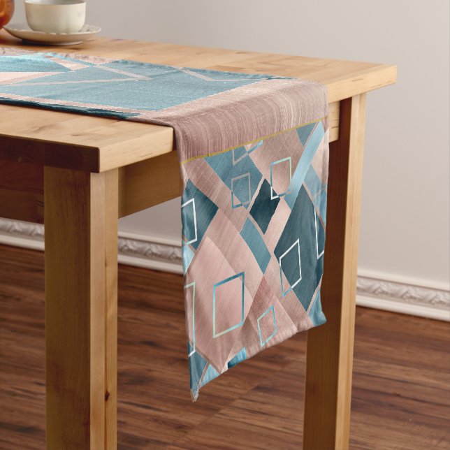 Chemin De Table Court Luxe Abstrait | Blush Rose Gold et Turquoise Géomé (In Situ)