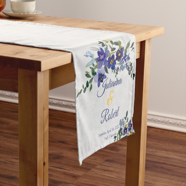 Chemin De Table Court Mariage floral bleu et jaune d'aquarelle invitati (In Situ)