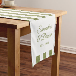 Chemin De Table Court Mariage Personnalisé avec Rayures Vert Rétro et Bl