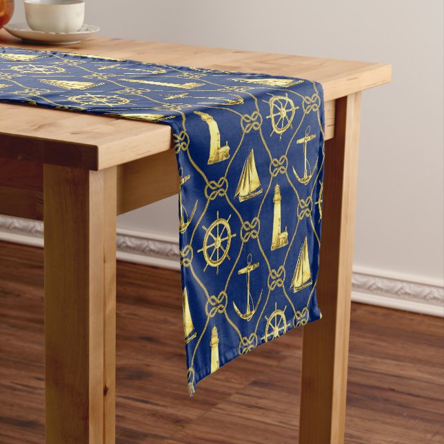 Chemin De Table Court Marine Bleu et Or Nautique (In Situ)