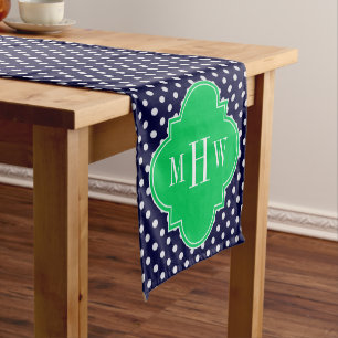 Chemin De Table Court Marine White Polka Dot Emerald Quatrefoil 3 Monogr