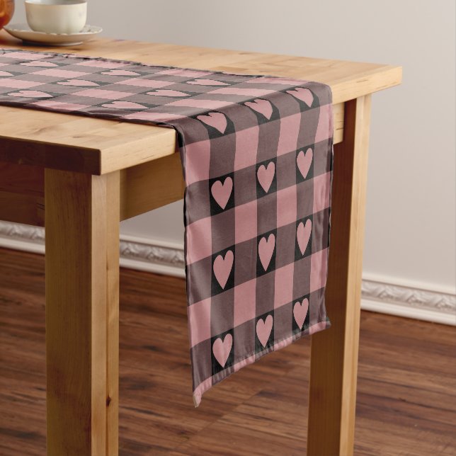 Chemin De Table Court Mauve Pink Black Buffalo Heart Plaid Table Runner (In Situ)
