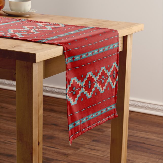 Chemin De Table Court Mésas Sud-Ouest Rouge & Turquoise (In Situ)