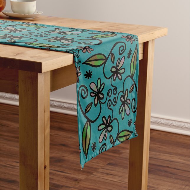 Chemin De Table Court Modèle floral mou Turquoise (In Situ)