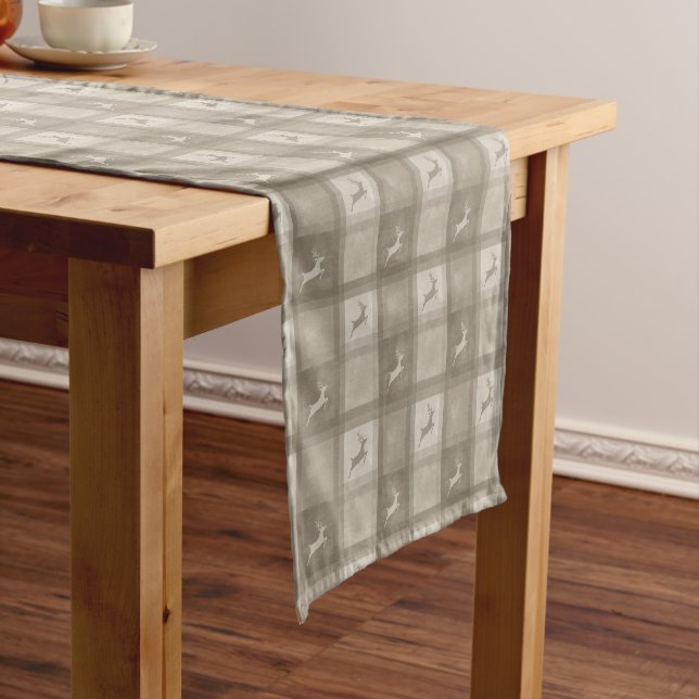 Chemin De Table Court Motif carreau cerf beige Noël Classique (In Situ)