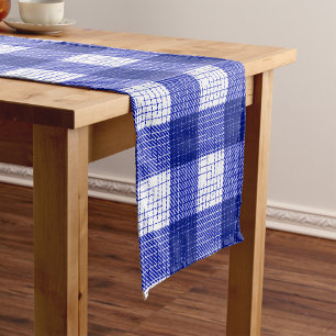 Chemin De Table Court Motif carreaux bleu et blanc gras