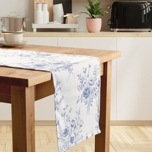 Chemin De Table Court Motif classique de fleurs bleues Toile bleue franç