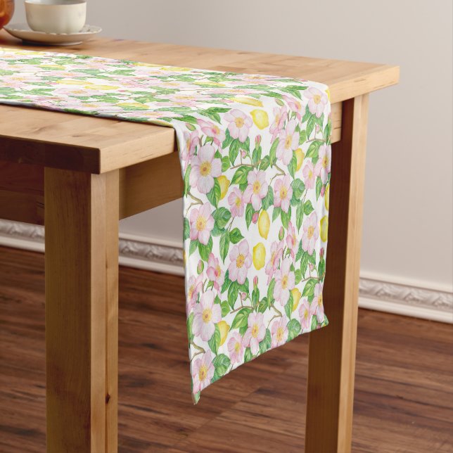 Chemin De Table Court Motif de citrons floraux roses (In Situ)