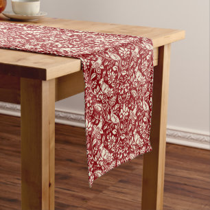 Chemin De Table Court Motif de faisan et lièvre, rouge profond et crème