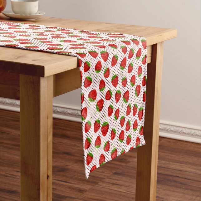 Chemin De Table Court Motif de fraises et de points rouges (In Situ)