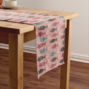 Chemin De Table Court Motif de poisson moderne du milieu du siècle rose
