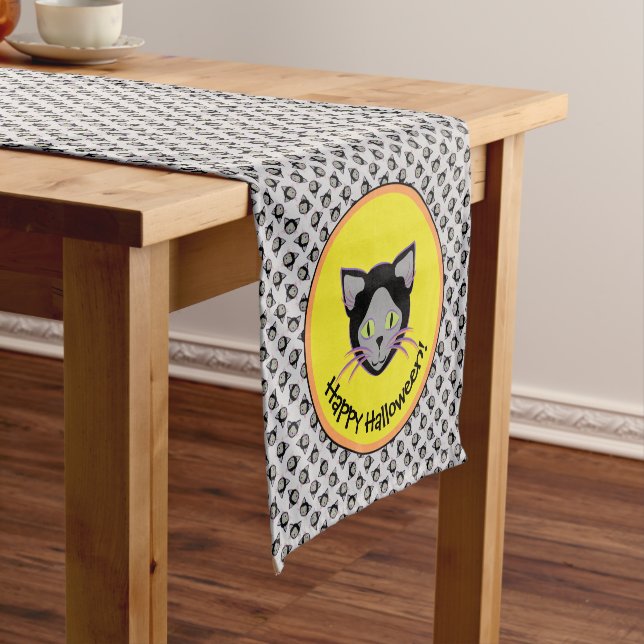 Chemin De Table Court Motif de visage de chat noir Halloween (In Situ)