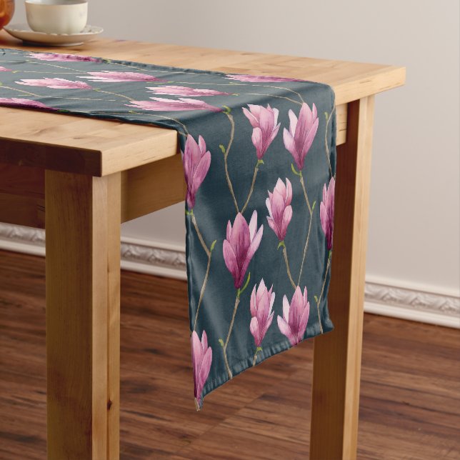 Chemin De Table Court Motif floral d'aquarelle de magnolia (In Situ)