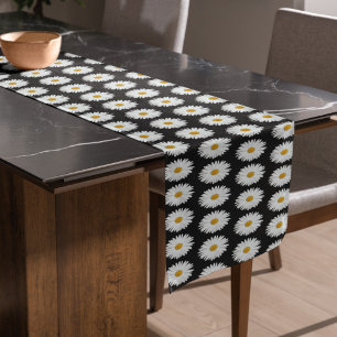 Chemin De Table Court Motif floral marguerrier blanc sur noir
