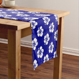 Chemin De Table Court Motif Hawaïen Hibiscus Bleu et blanc