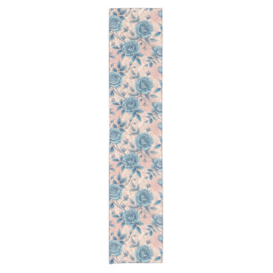 Chemin De Table Court Motif Rose bleu rétro sur Arrière - plan rose doux