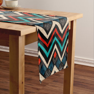 Chemin De Table Court Noir Rouge Turquoise Beige Aztèque Motif