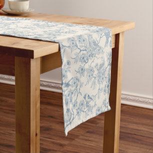 Chemin De Table Court Oiseaux et fleurs de cerisier en bleu et blanc cas