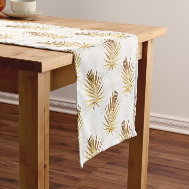 Chemin De Table Court Palme d'or blanc tropical Feuille (In Situ)