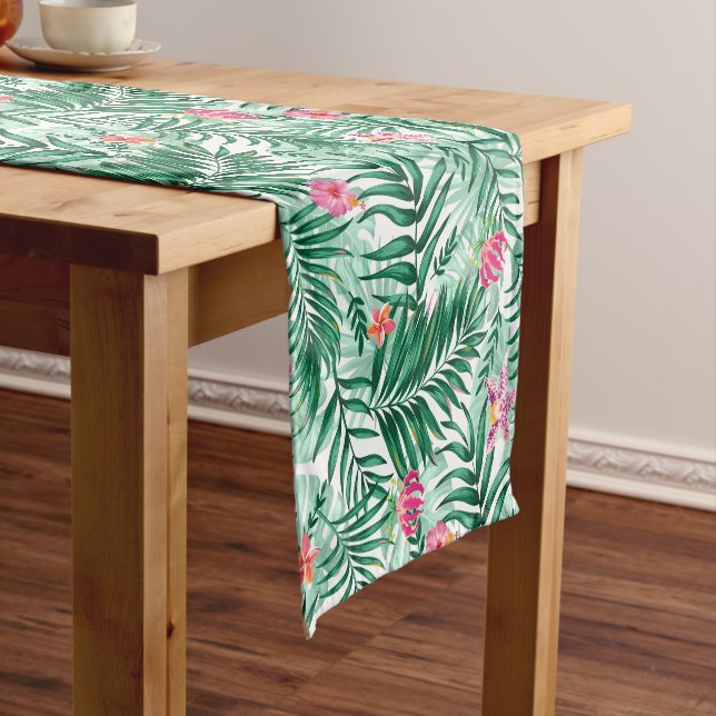 Chemin De Table Court Palme tropicale & Monstera Feuilles & Fleurs exoti (In Situ)