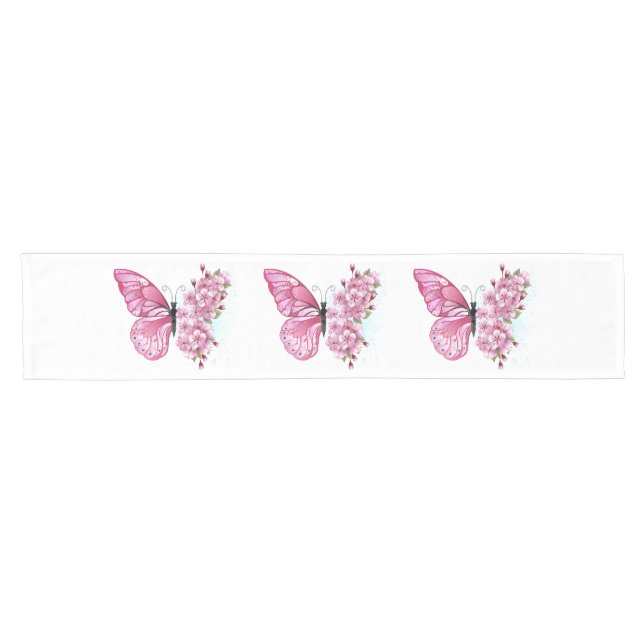 Chemin De Table Court Papillon à fleurs avec Sakura rose (Horizontal)