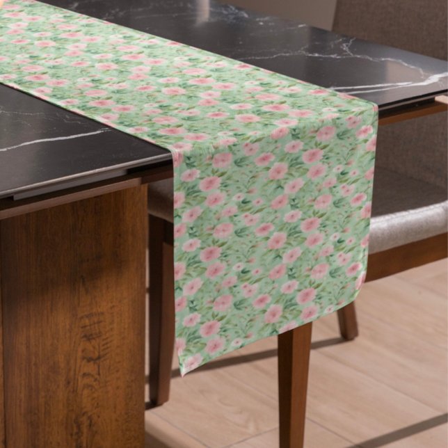 Chemin De Table Court Pâques Pastel Rose & Flore Verte (Créateur téléchargé)