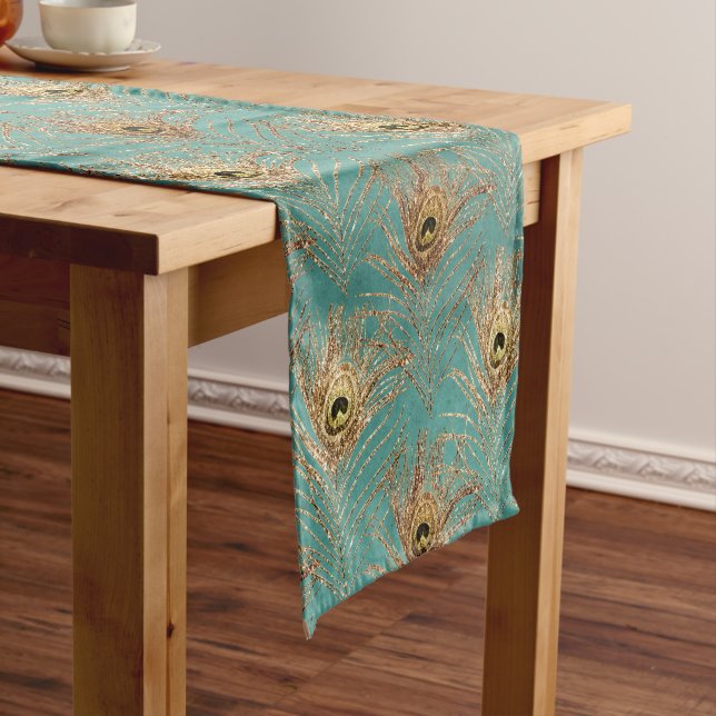Chemin De Table Court Parties scintillant Peacock Feathers Motif (In Situ)