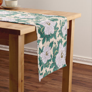 Chemin De Table Court Peonies blanches et Feuilles verts