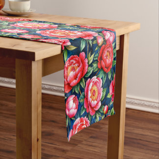 Chemin De Table Court Pivoines roses rouges & motif bleu à feuilles vert