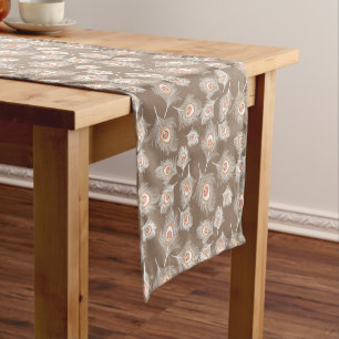 Chemin De Table Court Plumes de paon blanches et de poches sur Taupe Tan