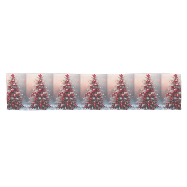 Chemin De Table Court Poinsettia d'arbre de Noël Hiver Neige (Horizontal)