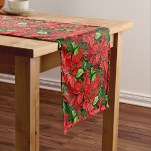 Chemin De Table Court Poinsettias et Holly Feuilles