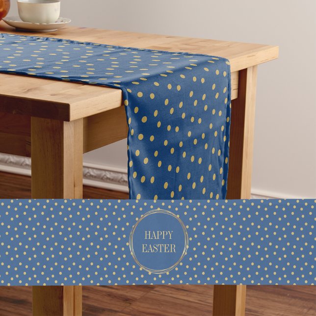Chemin De Table Court Pois d'or moderne mignon Christian Happy Pâques (Cute Modern Blue Gold Polka Dots Christian Happy Easter Short Table Runner)